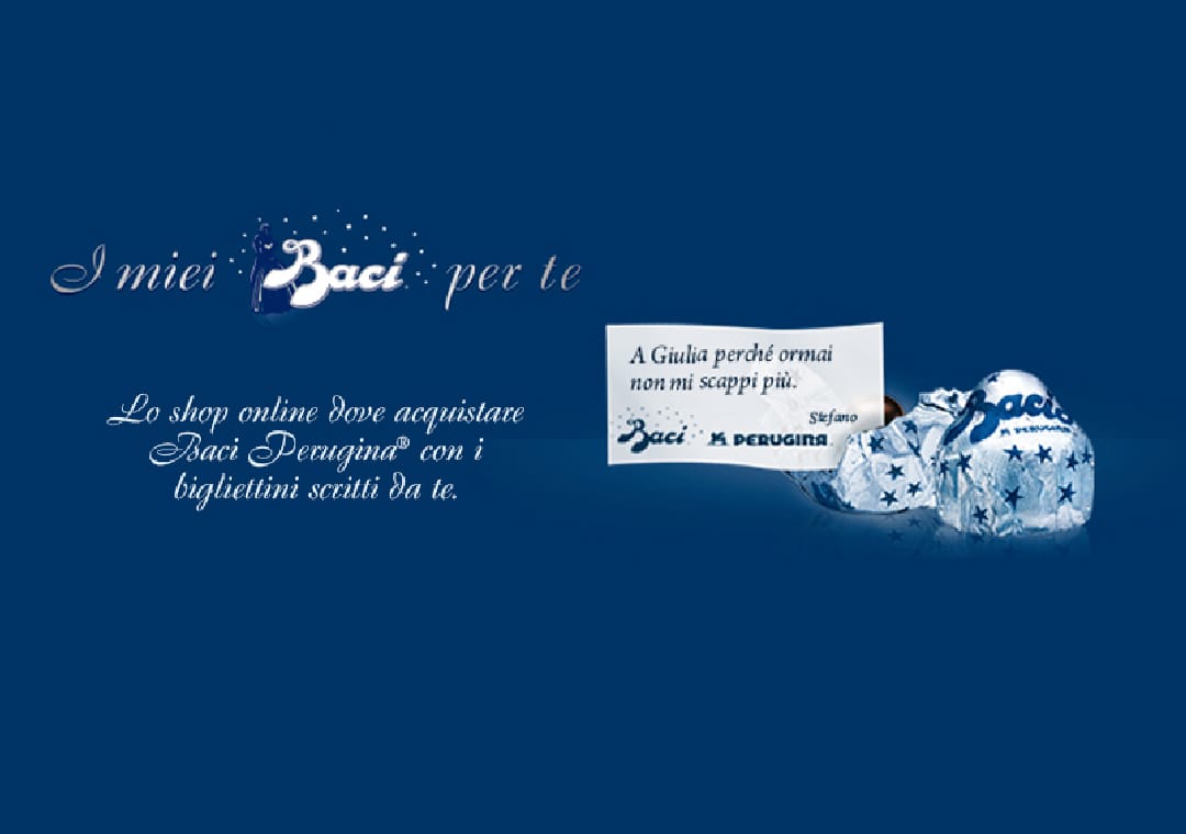 Grafica per promuovere la vendita dei bigliettini personalizzati di Baci Perugina